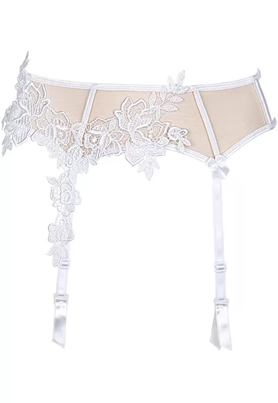 Embroidered white garter belt beige tulle