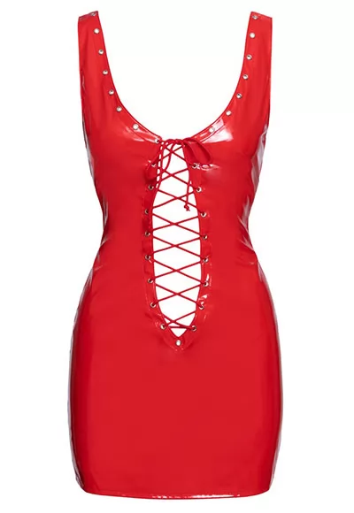 Lace up low cut red vinyl dress