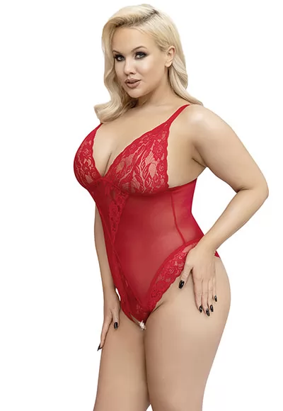 Plus size red open lace bodysuit