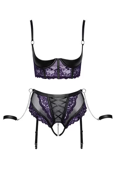 Wetlook purple lace Bustier shelf bra and brief