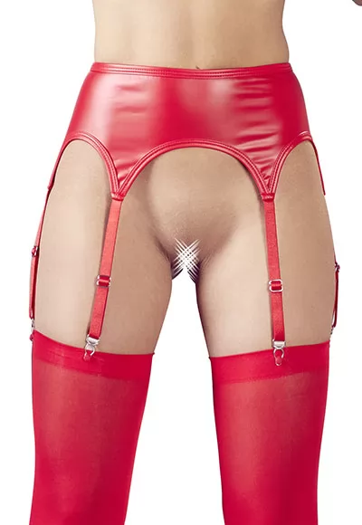 Wetlook red suspender belt 6 straps and stockings