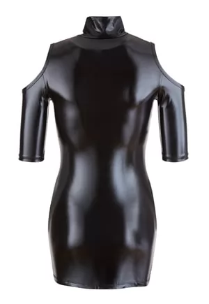 Bare shoulders false leather dress
