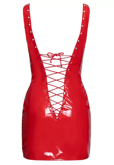 Lace up low cut red vinyl dress