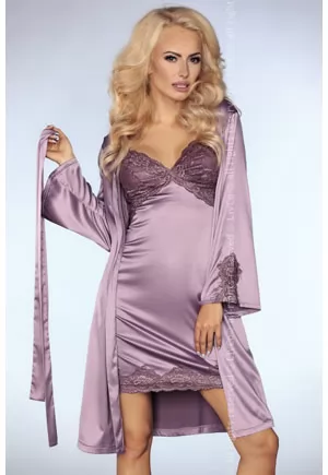 Satin chemise with purple lace and thong