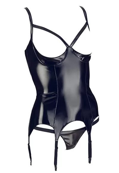 Topless black vinyl basque