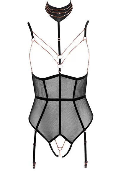 Crotchless Bodysuit open cups chains jewel choker