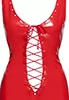 Lace up low cut red vinyl dress