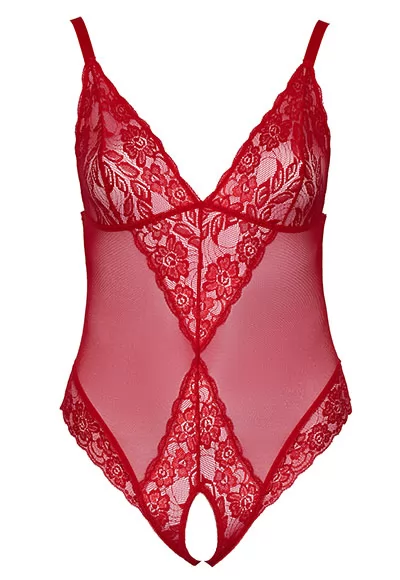 Plus size red open lace bodysuit