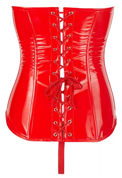 Topless red vinyl laced corset