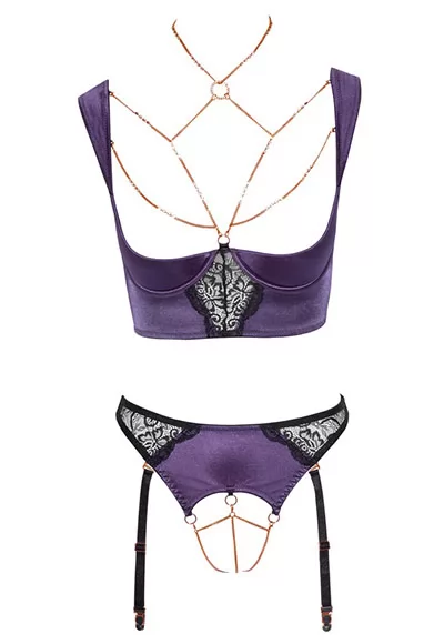 Purple Bustier shelf bra crotchless thong garters