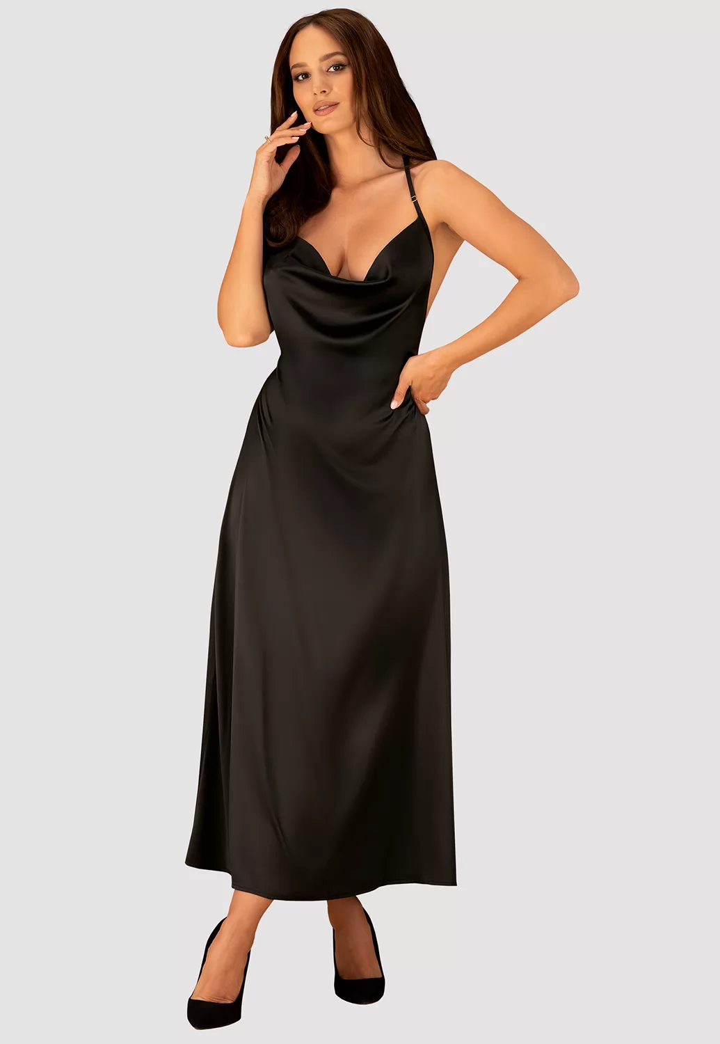 Agatya long black satin Dress