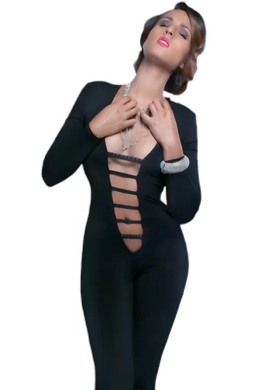Ivanie black deep plunge Catsuit