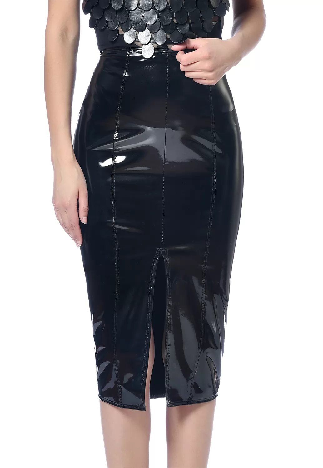 Plume pencil vinyl skirt