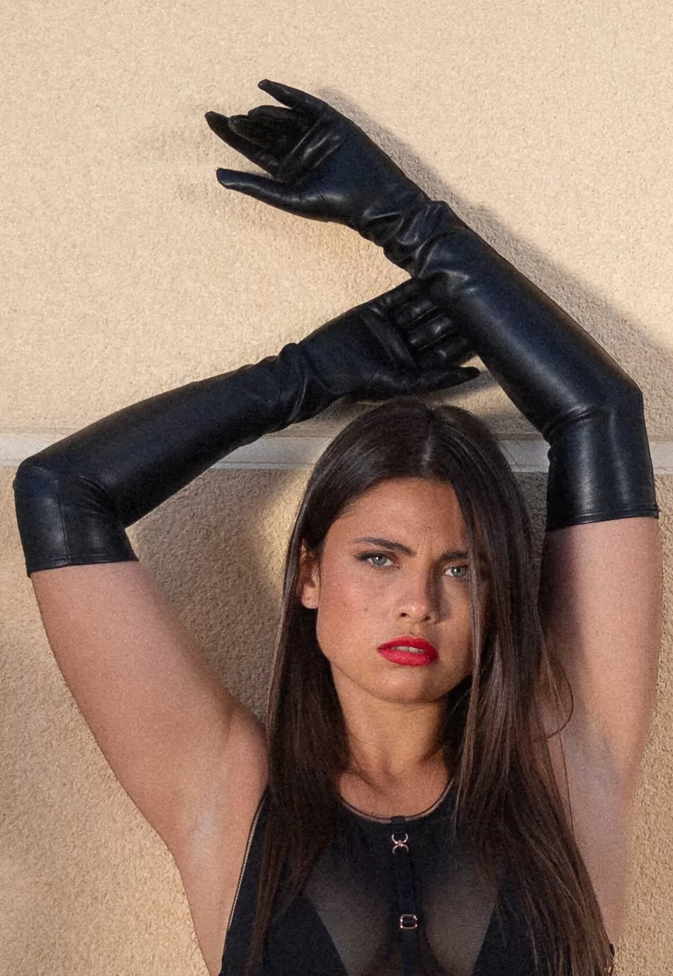 Faux leather long gloves