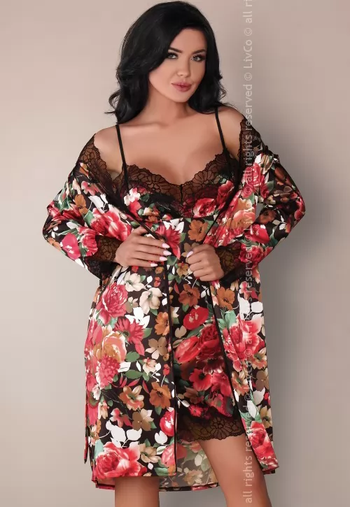 Floral satin robe, chemise and lace thong
