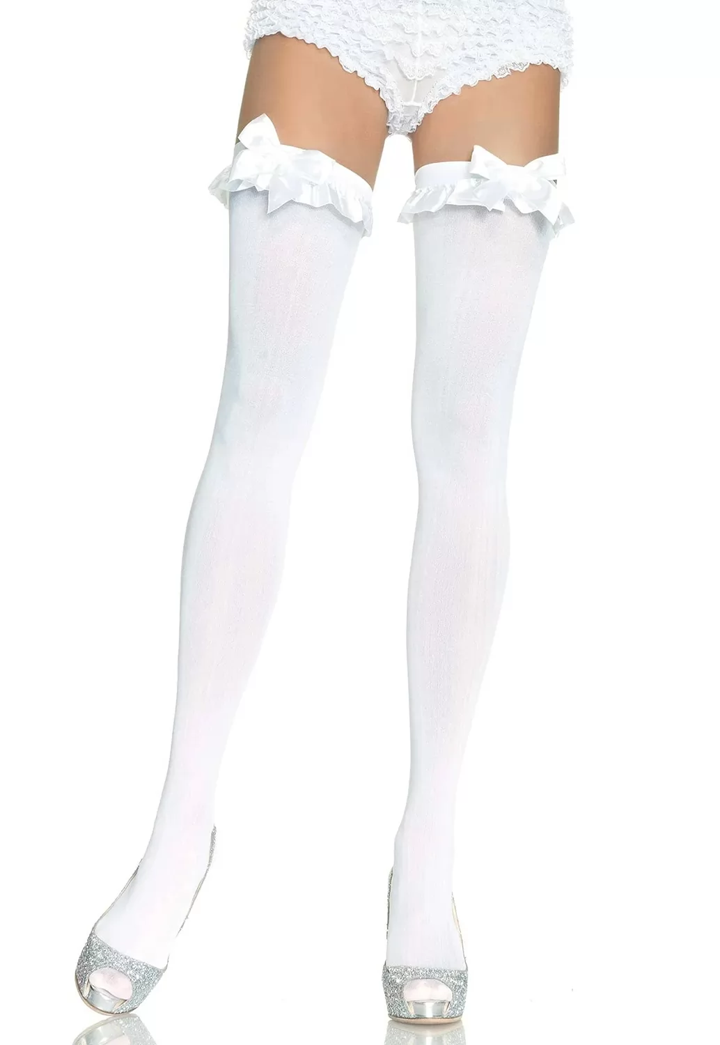 Opaque white stockings satin bow