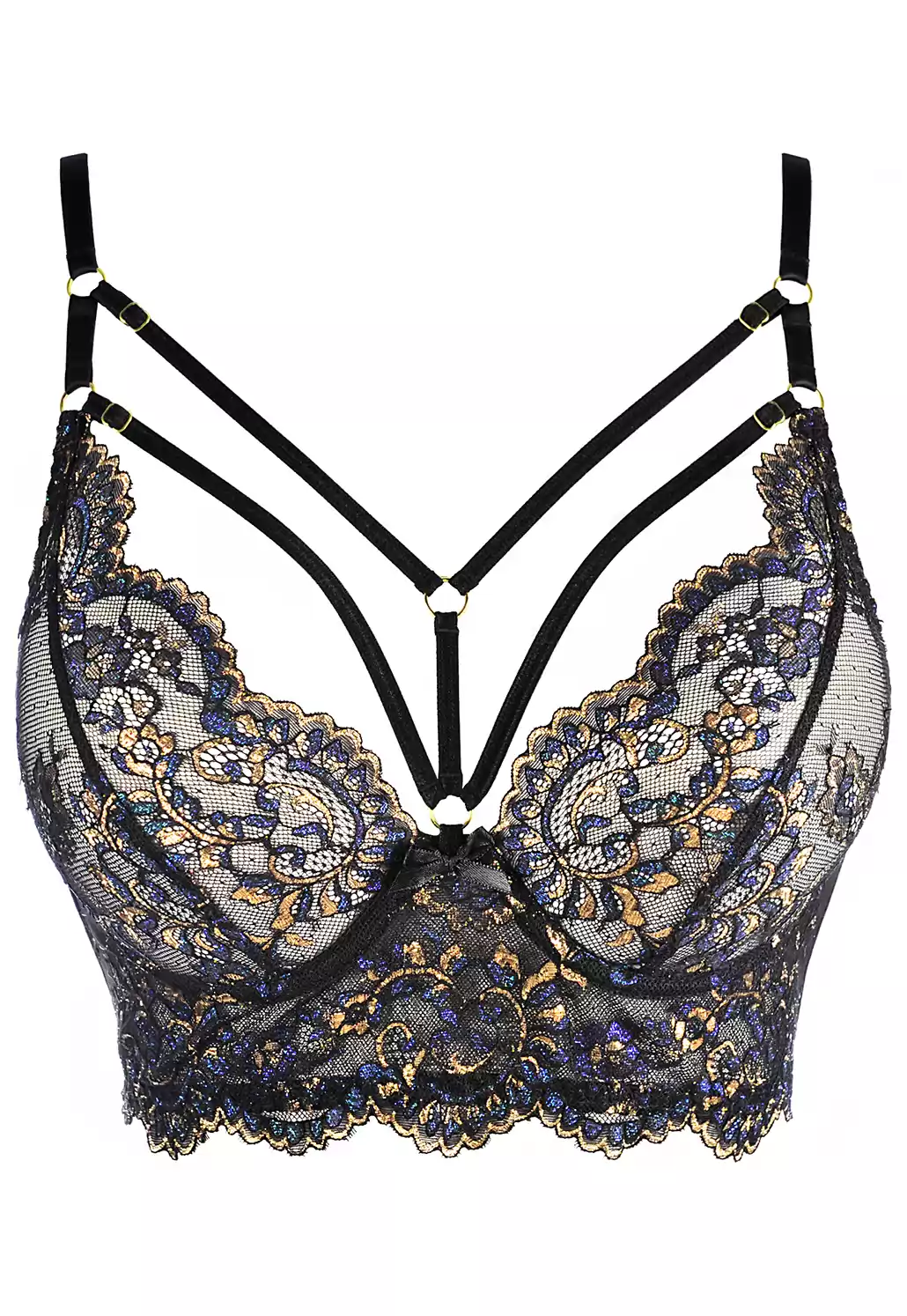Blue and gold lace bustier bra