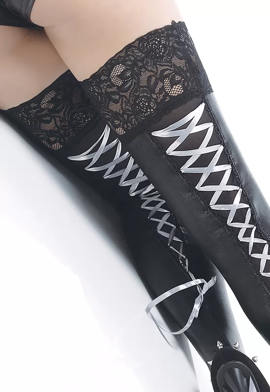 Darque wetlook stay up stockings silver lace