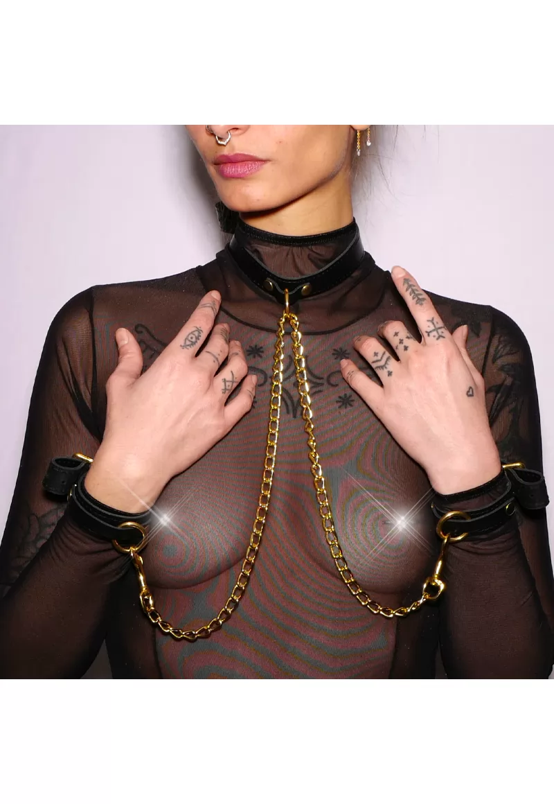 Leather collar and handcuffs gold chain