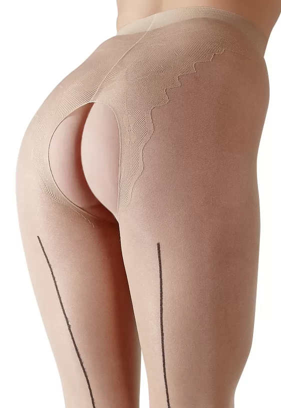 Nude crotchless tights with black seam