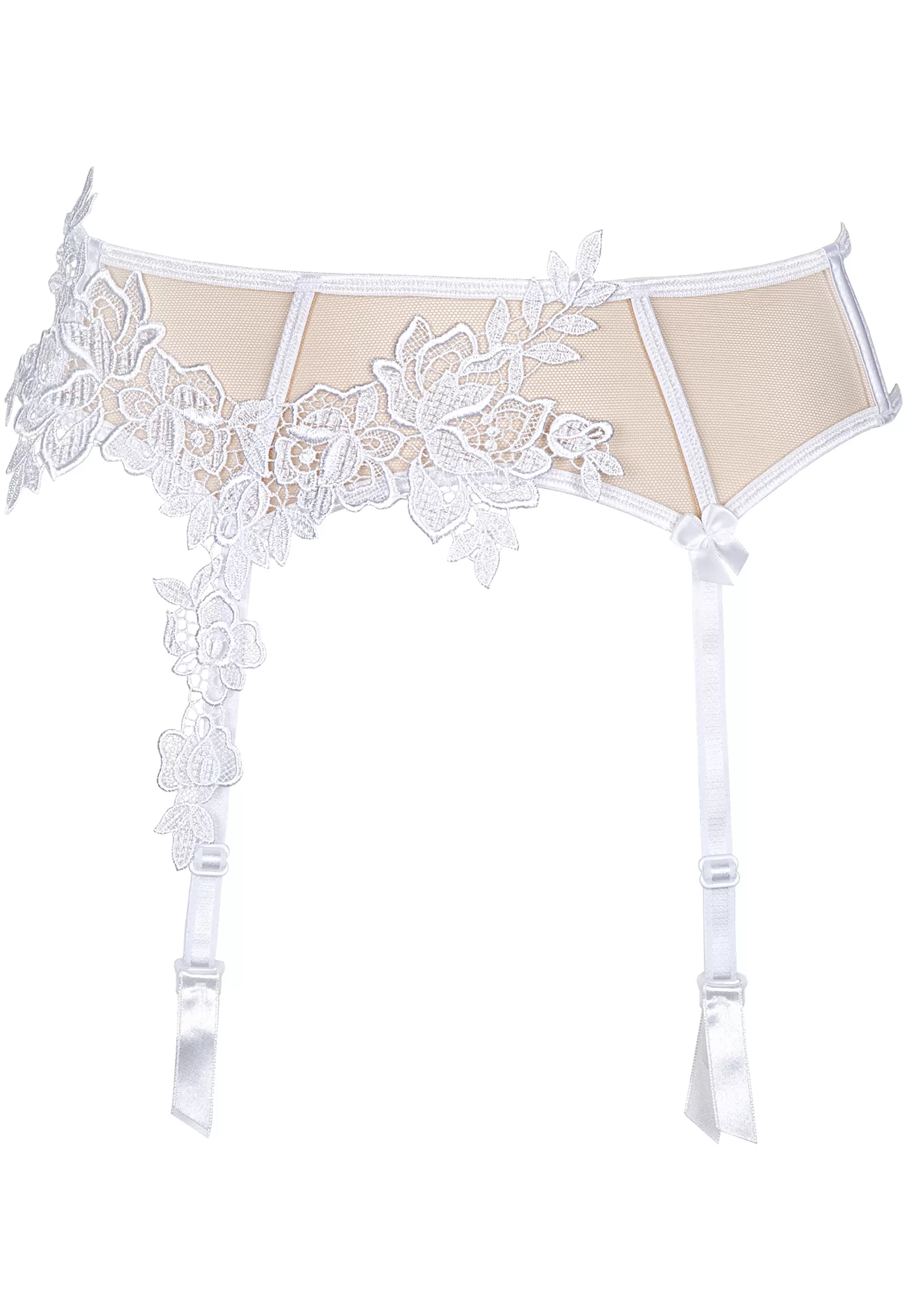 Embroidered white garter belt beige tulle