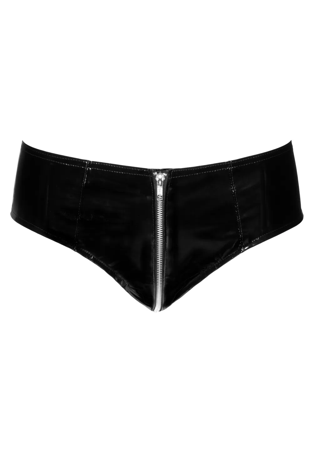 Fully zipped panty in shiny black vinyl
