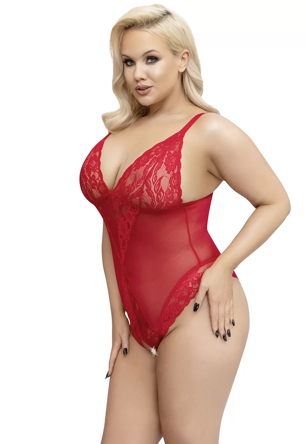 Plus size red open lace bodysuit