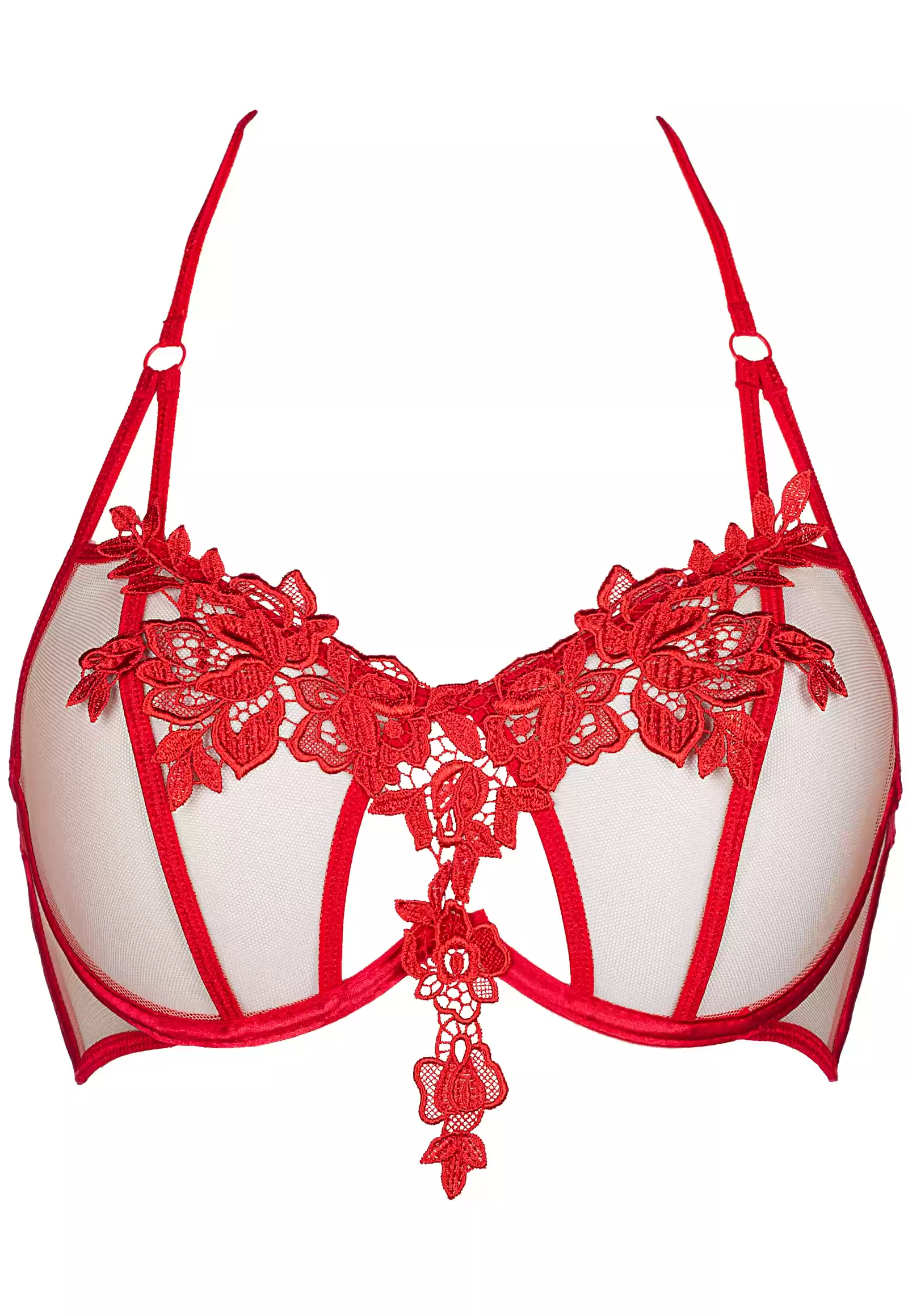 Red embroidered Bra beige mesh