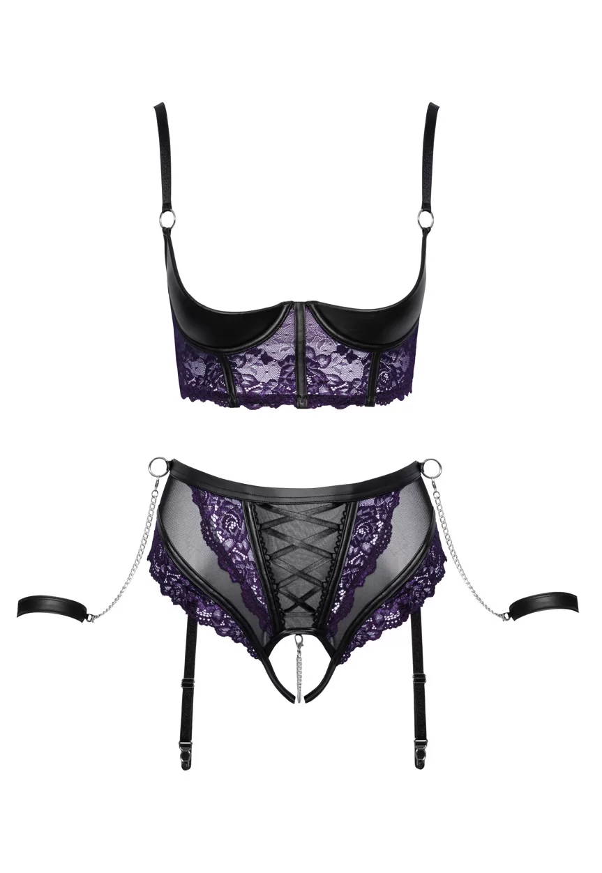 Wetlook purple lace Bustier shelf bra and brief