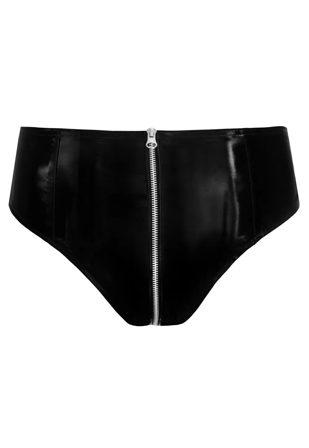 Fully zipped panty in shiny black vinyl