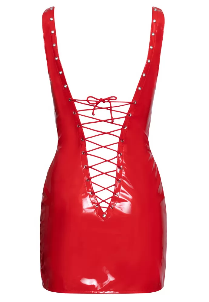 Lace up low cut red vinyl dress