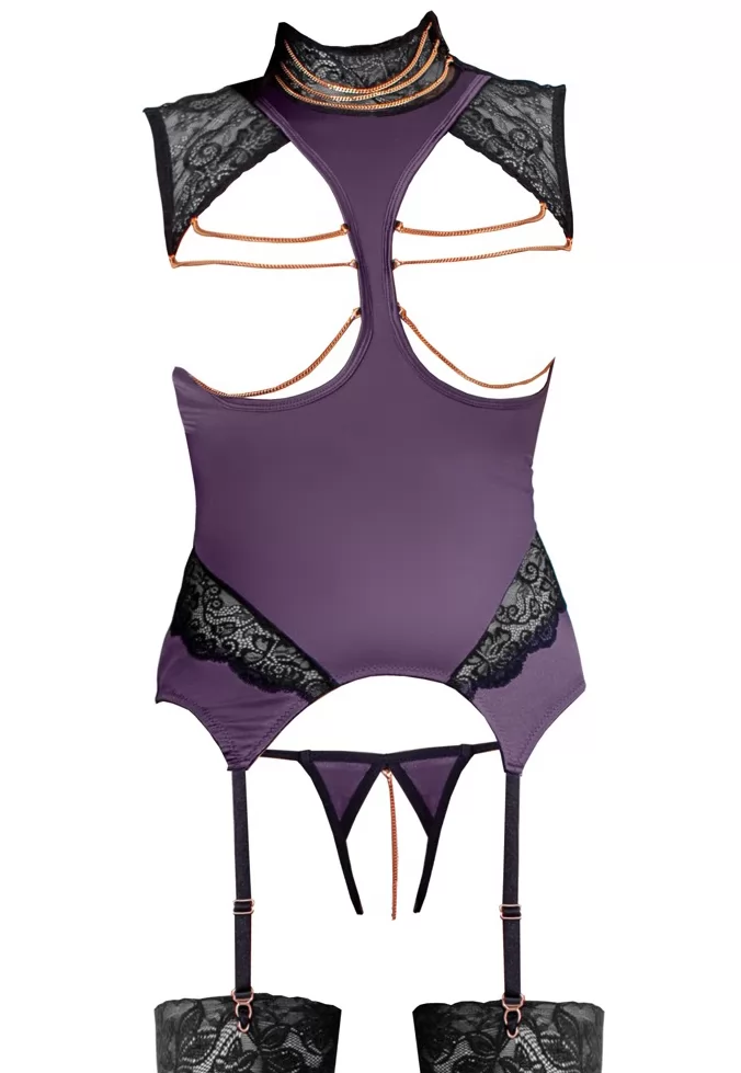Purple Basque open cups crotchless thong
