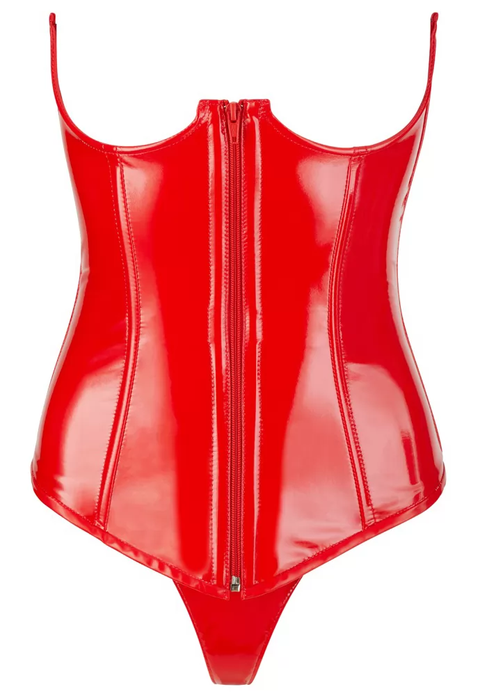 Topless red vinyl laced corset