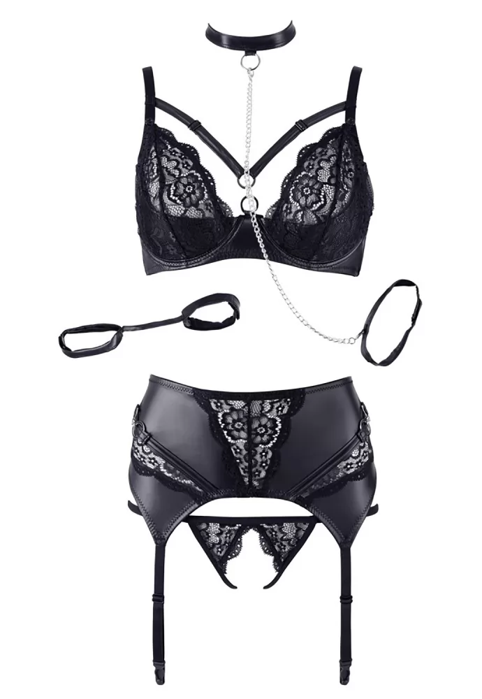 Leather and lace suspender lingerie 3 pieces