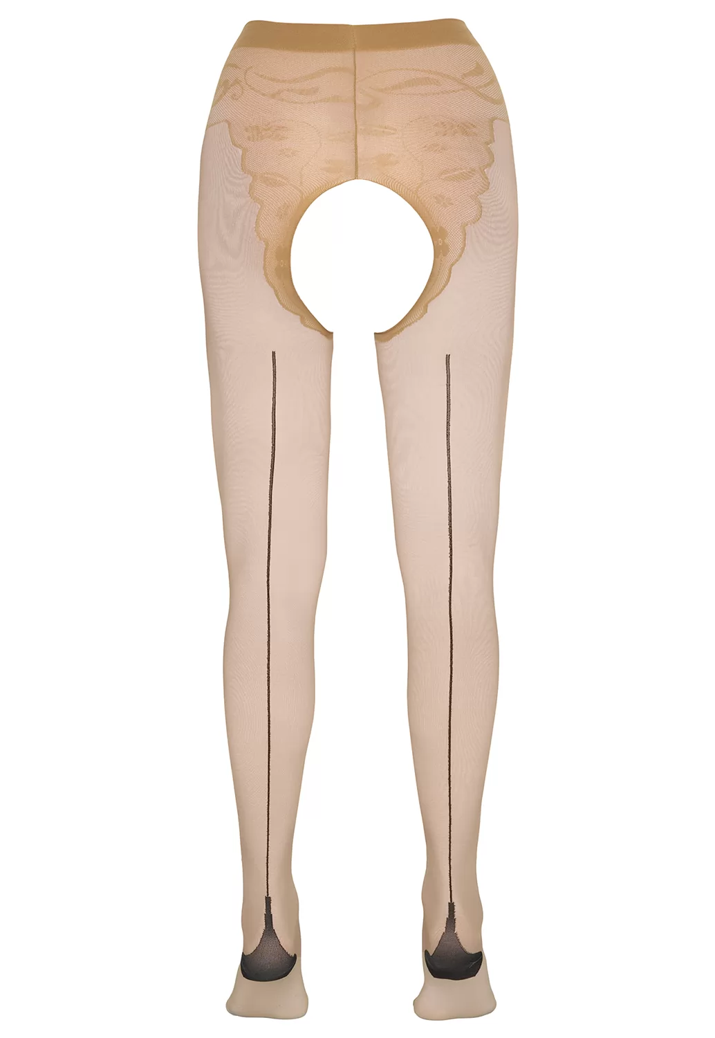 Nude crotchless tights with black seam