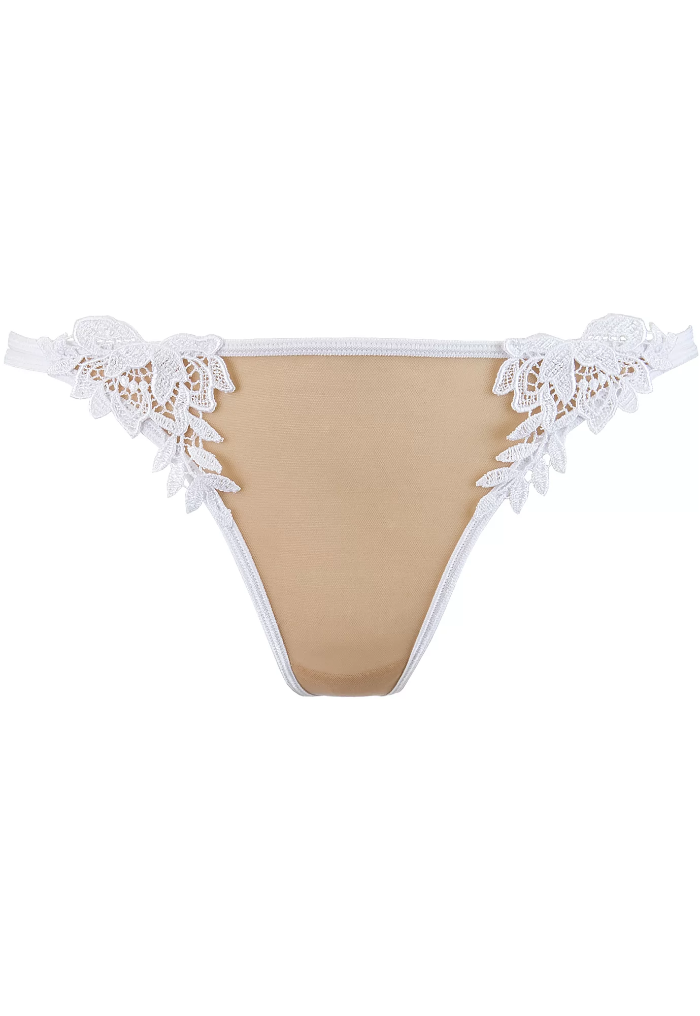 Embroidered white thong beige tulle