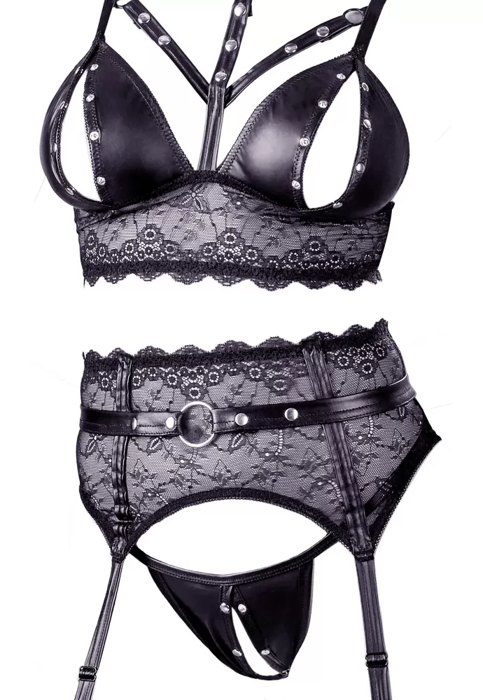 Open lingerie lace garter leather effect 3 pieces