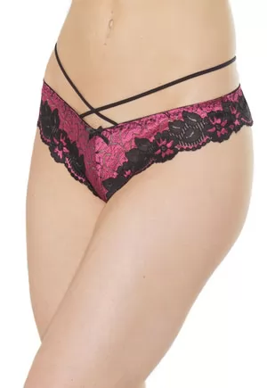 Tanga en broderie rose et noire, brides croisées, gousset en coton. 1 pièce