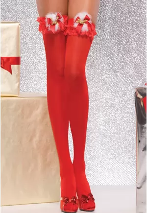 Bas de Noel. Bas rouges à jarretière froufrou, clochettes et noeuds en satin, accessoire glamour de Noel.  Jarretière très fortement élastiquée, sans bande silicone.  Bas rouges de noel disponibles en taille unique TU (36-40)