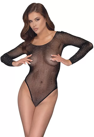 Body à strass captivant le regard ! Body doux à manches longues en résille très extensible. Le Body est recouvert de cristaux scintillantes de différentes tailles. Les poignets et l'encolure ronde sont renforcés. Il y a des élastiques intégrées dans l'échancrure des cuisses. Sans couture et extrêmement extensible pour un ajustement confortable....