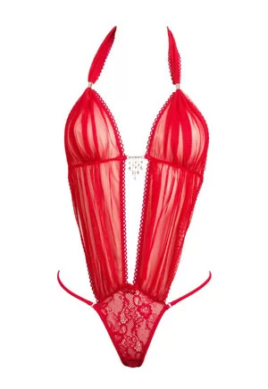 Body voile Love rouge, gamme lingerie fine sexy luxe.  Body voile transparent Love rouge composé d'un soutien gorge forme triangle en voile festonné drapé, hauteur des bonnets réglables par bijoux cylindres hypoallergénique.  Le Body Love rouge se ferme en se nouant dans le cou pour un ajustement parfait.  Plastron voile plissé raccordé aux bonnets...