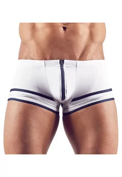 Whaou ! Boxer en microfibre blanc doux dans un look marinier tendance. Avec un zip extra large et 3 bandes décoratives autour des cuisses, bleues et argentées. Boxer sexy pour homme style marin 86% polyester, 14% élasthanne. 1 pièce