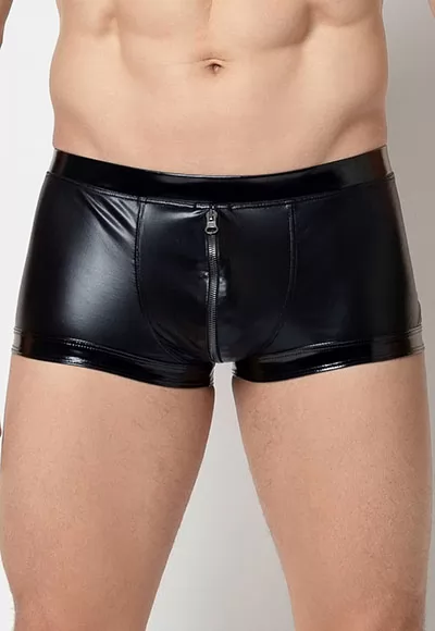 Boxer zippé Rayan cuir simili et vinyle Catanzaro de coloris noir, sous vêtement sexy pour hommes. Boxer entièrement zippé avant arrière, avec un double zip afin de l'ouvrir au gré de vos envies. Boxer bi-matière Rayan de marque Patrice Catanzaro, fabrication soignée française.  Boxer Rayan ouvert de l'avant à l'arrière avec 1 ou 2 ouvertures...