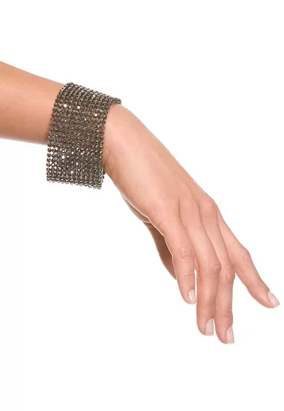 Bracelet large en strass gunmetal sur trame plastique. Bracelet manchette à bouton pression.