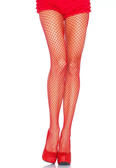 Collant en résille rouge, à mailles moyennes.  Un accessoire de mode à porter avec une tenue décontractée, basket blanche ou une tenue cabaret pin up par exemple.  Ces collants extensibles vont habiller joliment vos jambes.  Les collants résilles ont pour avantage de ne pas filer.