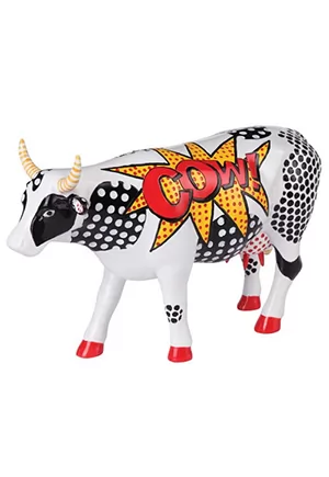 Vache Cow Cow Parade. Vache artistique designée par Joanne Kaliontzis. Dimensions de la vache décorative environ 16 x 5 x 11cm.