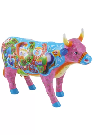 Vache This is me Cow Parade. Vache artistique designée par Ana Ligia Jimenez Madriz. Dimensions de la vache décorative environ 16 x 5 x 11cm.