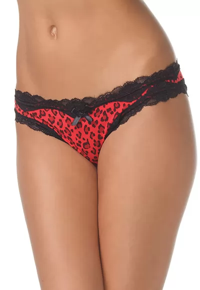 Culotte léopard rouge fendue en lycra avec ouverture coquine à l'entrejambe.  Culotte ouverte léopard rouge à bord de dentelles contrastant et petit noeud en satin décoratif sur le devant au milieu.  Lingerie érotique. 1 pièce.