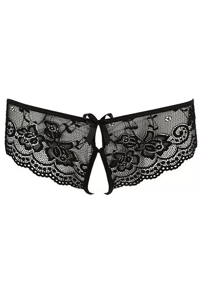 Cette culotte ouverte permet des aperçus coquins ! Cette jolie culotte associe une belle dentelle à motifs fleuris à des découpes devant et dos décorées de noeuds.  L'entrejambe ouverte séduisante n'est couvert que par 2 lanières extensibles. La culotte sans entrejambe est très confortable grâce à la forte proportion d'élasthanne et épouse...