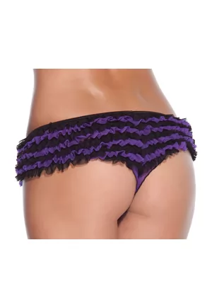 Culotte à volants deux tons noir et violet.  Cette culotte à volants, coupe tanga échancré, est également proposée dans d'autres coloris dans la boutique de lingerie fine A Mes Amours.